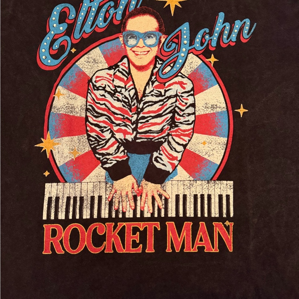 Elton John Rocket Man Graphic Tee - Black with Red & Blue Accents - Picture 2 of 4